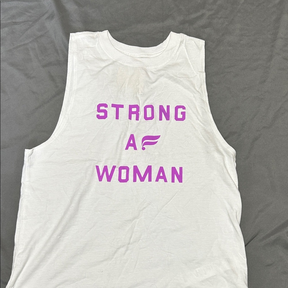 Fabletics White Muscle Tee with Purple Text